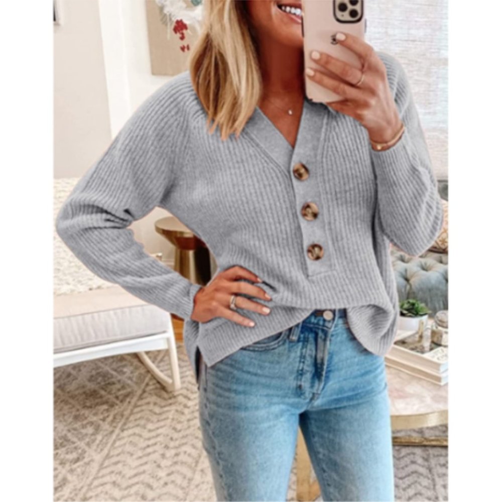 Gray Long Sleeve V-Neck Oversized Ribbed Knit Cozy Relaxed Fit Sweater XL